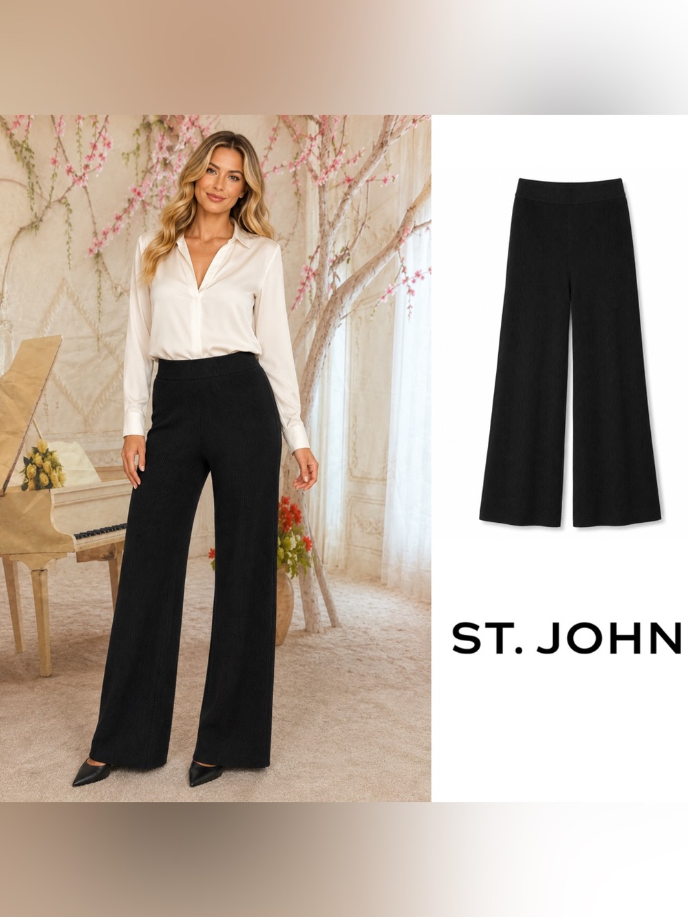 St. John Black Wide-Leg Ribbed Knit Pants